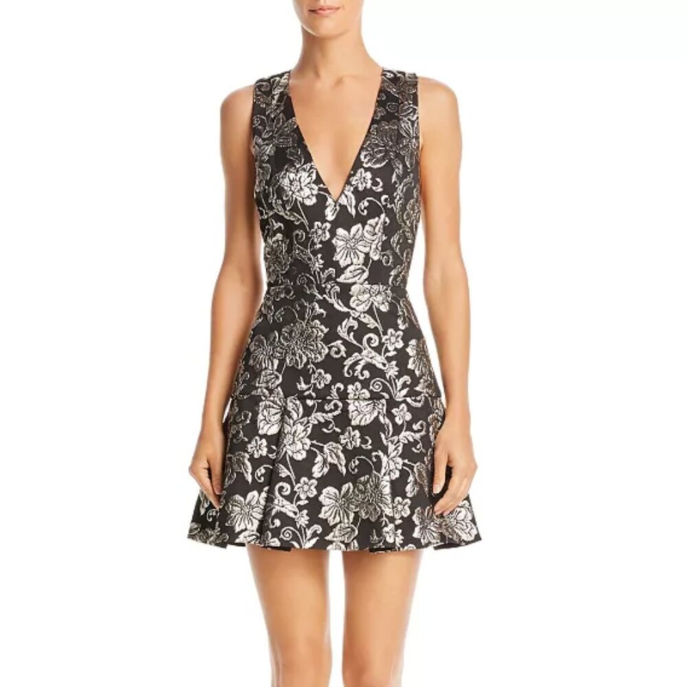 Alice + Olivia 'Marleen' Metallic Floral Brocade Dress, Black/Silver
